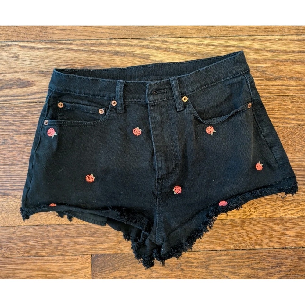 PINK Victoria's Secret Denim Shorts Black Rose Embroidered Raw Hem 8 Coquette